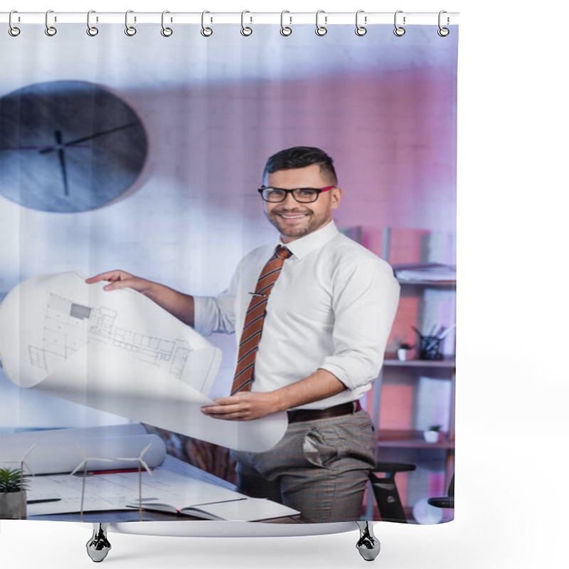 Personality  Happy Architect Looking At Camera While Holding Blueprint Near Models Of Wind Turbines On Desk Shower Curtains