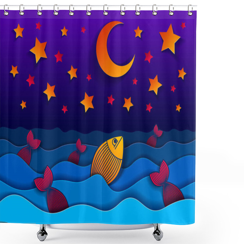 Personality  Beautiful Night Seascape With Funny Cartoon Fishes In Paper Cut Style, Curvy Lines Of Waves And Moon And Stars In The Sky, Perfect Modern Vector Illustration. Shower Curtains