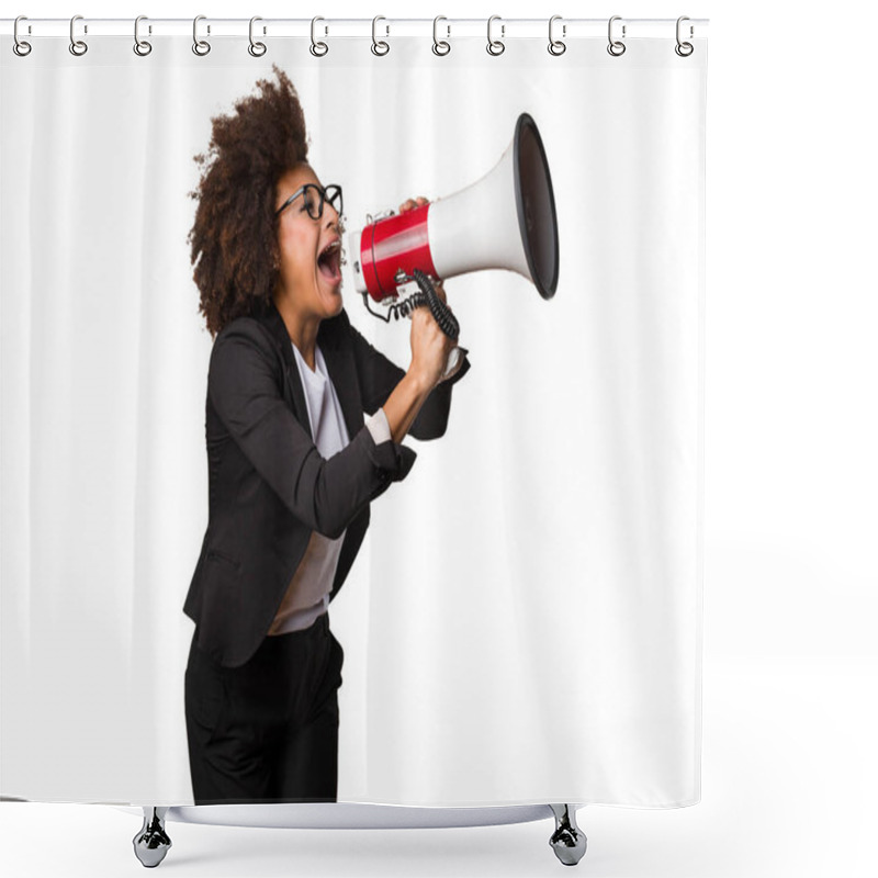 Personality  Business Black Woman Shouting On Megaphone Shower Curtains