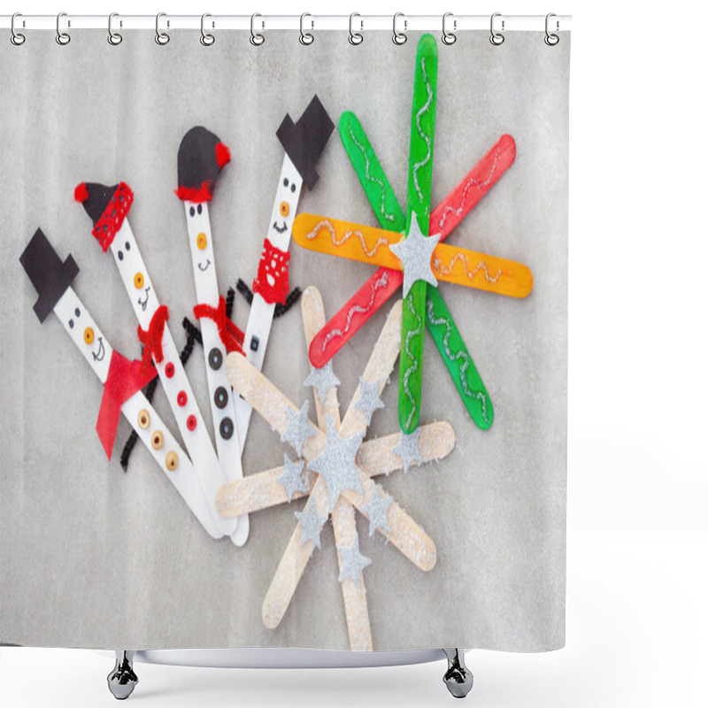 Personality   Christmas Crafts With Popsicle Sticks. Tiny Snowmen With Stars Ornaments Or Snowflakes Shower Curtains