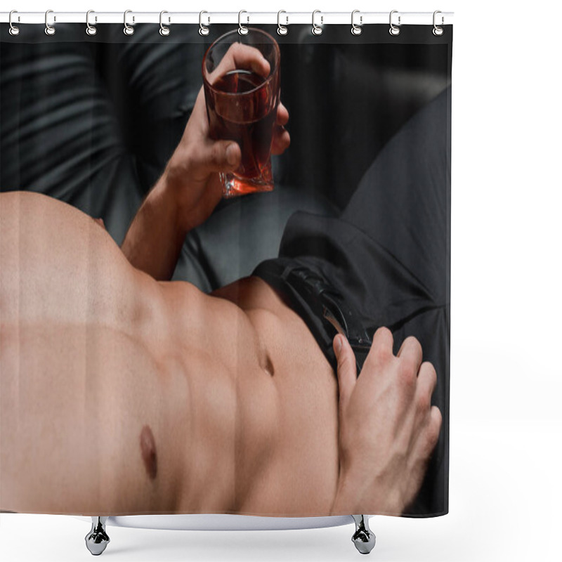 Personality  Cropped View Of Shirtless Man Sitting On Sofa With Glass Of Whiskey  Shower Curtains