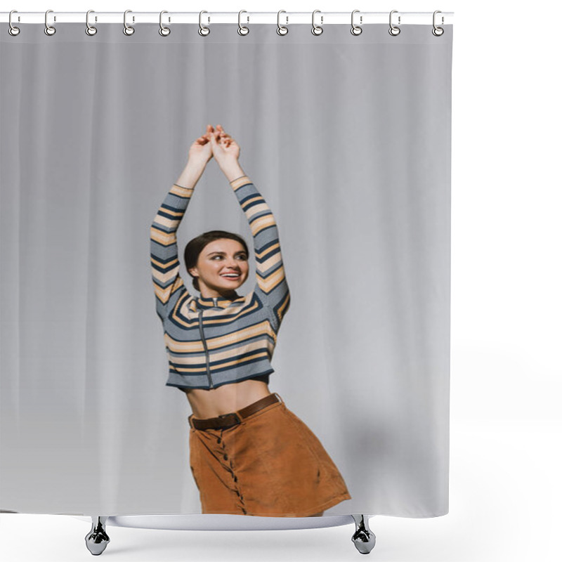 Personality  Cheerful Young Woman In Striped Turtleneck And Skirt Posing With Raised Hands Isolated On Grey Shower Curtains