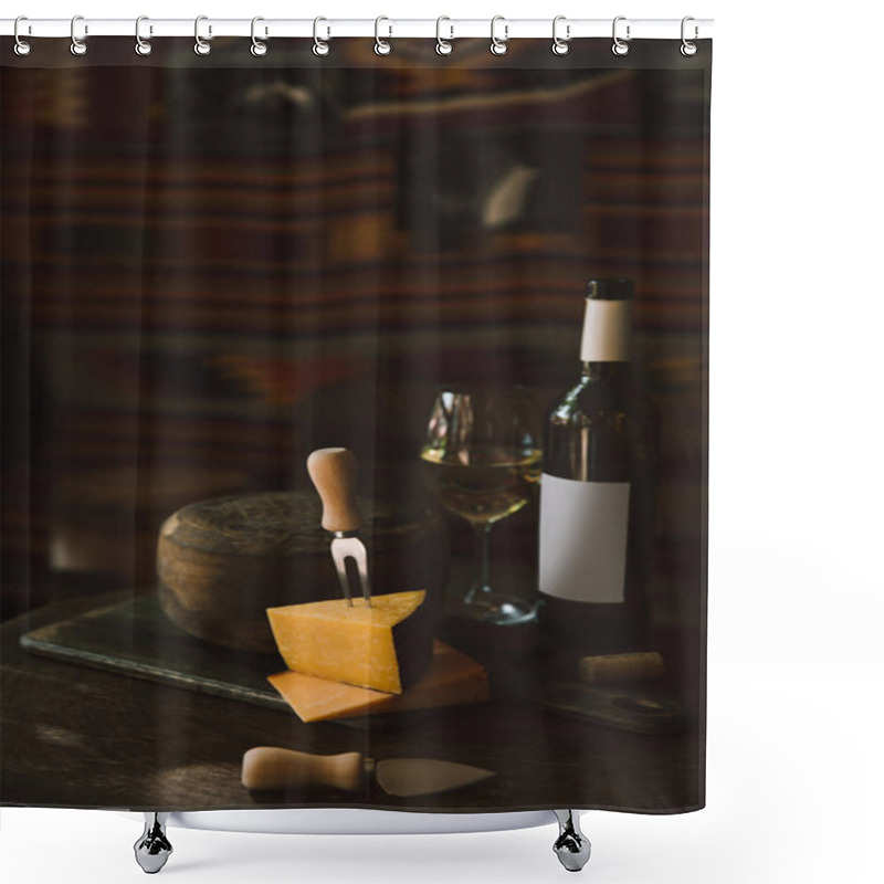 Personality  Sliced Cheese With White Wine On Rustic Wooden Table Shower Curtains