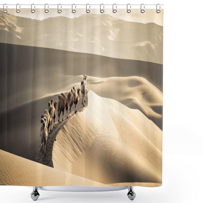 Personality  Camels Walk On The Sand Dunes, Desert Landscape At Dusk Shower Curtains