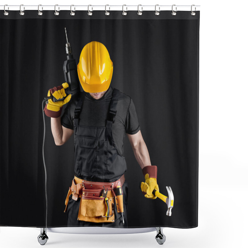 Personality  Construction Worker In Helmet With Hammer And Drill Shower Curtains