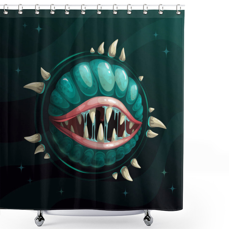 Personality  Cartoon Creepy Monster Planet With Spittle Mouth And Jaws On The Dark Space Background. Shower Curtains