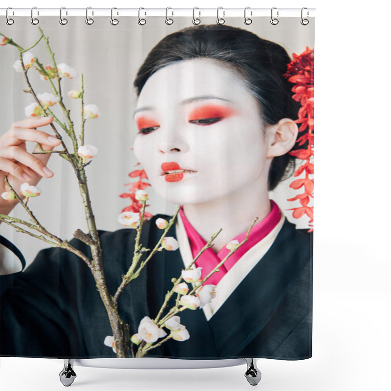 Personality  Tree Branches And Beautiful Geisha With Red And White Makeup Isolated On White Shower Curtains