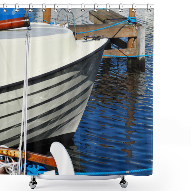 Personality  Details Of A Classical Timeless Design Wooden Boat Moored In A Marina Shower Curtains