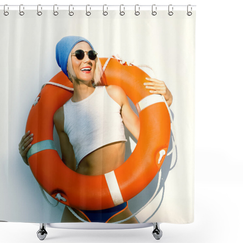 Personality  Happy Blonde With Lifebuoy. Fashion Marine Style Shower Curtains