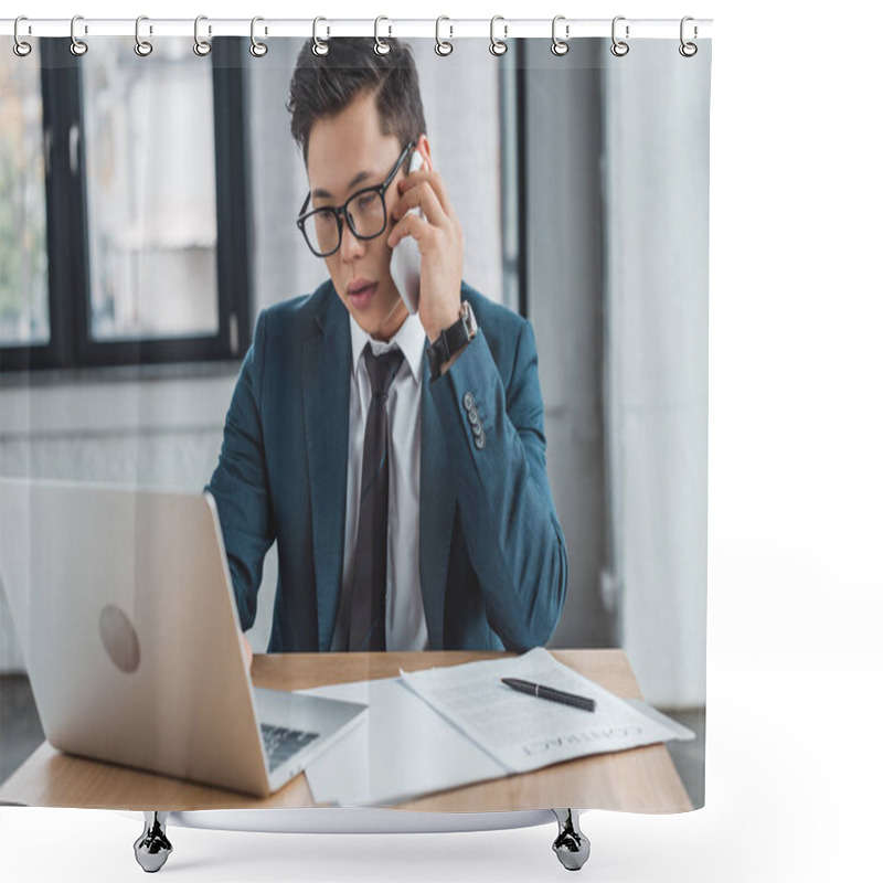 Personality  Professional Young Kazakh Businessman In Eyeglasses Talking By Smartphone And Using Laptop At Workplace Shower Curtains