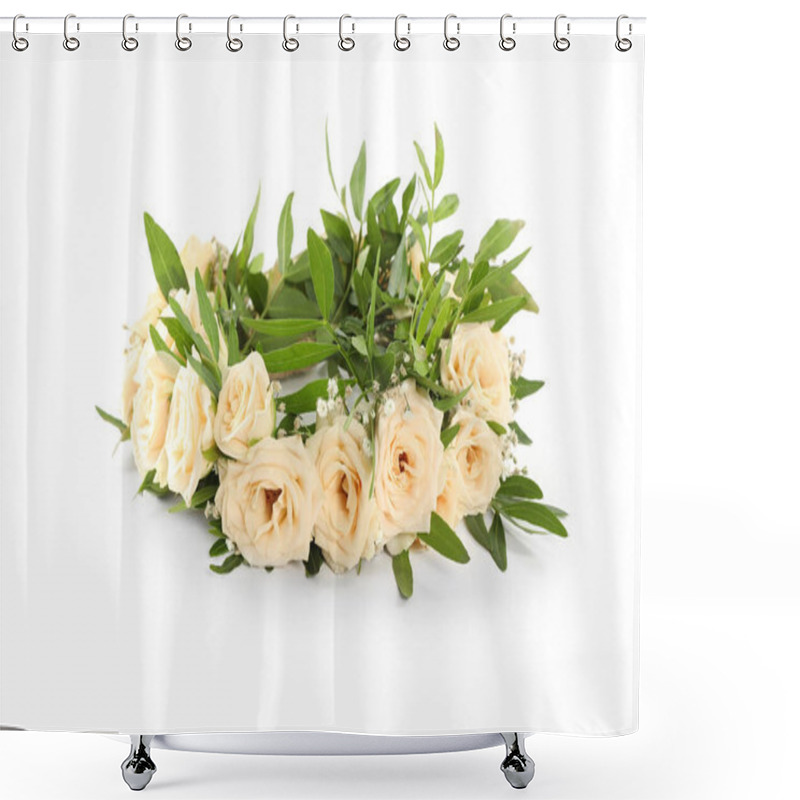 Personality  Wreath Made Of Beautiful Flowers Isolated On White Shower Curtains