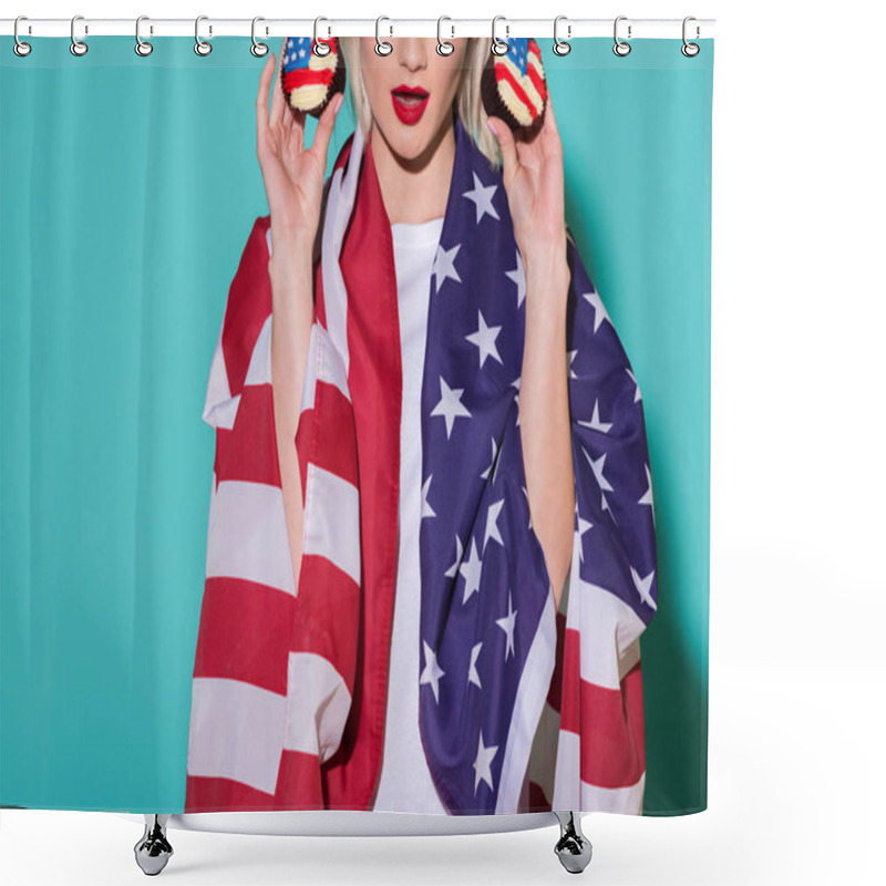 Personality  Partial View Of Woman With American Flag And Cupcakes On Blue Backdrop, Celebrating 4th July Concept Shower Curtains