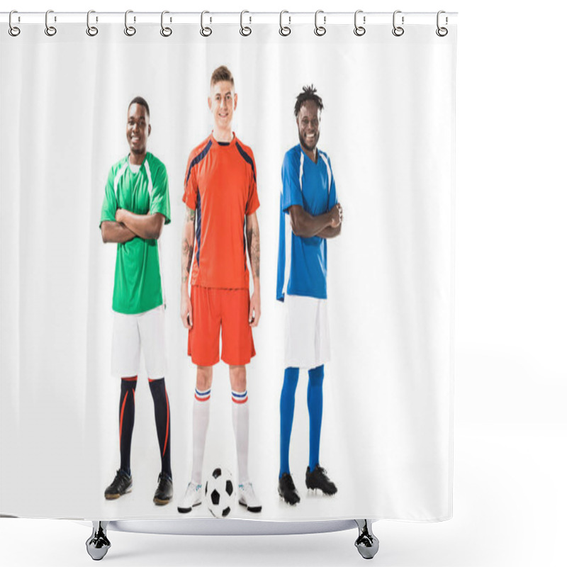 Personality  Confident Young Multiethnic Soccer Players Standing Together And Smiling At Camera Isolated On White  Shower Curtains