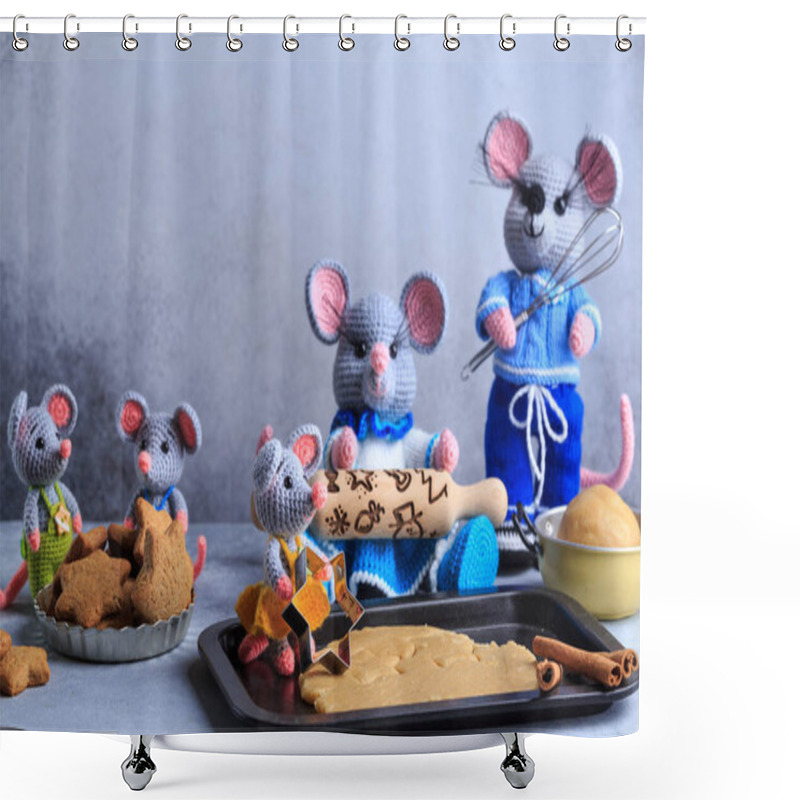 Personality  Knitted Mouse Family Is Cooking Cookies. Year Of Rat. Symbol Of 2020. Shower Curtains