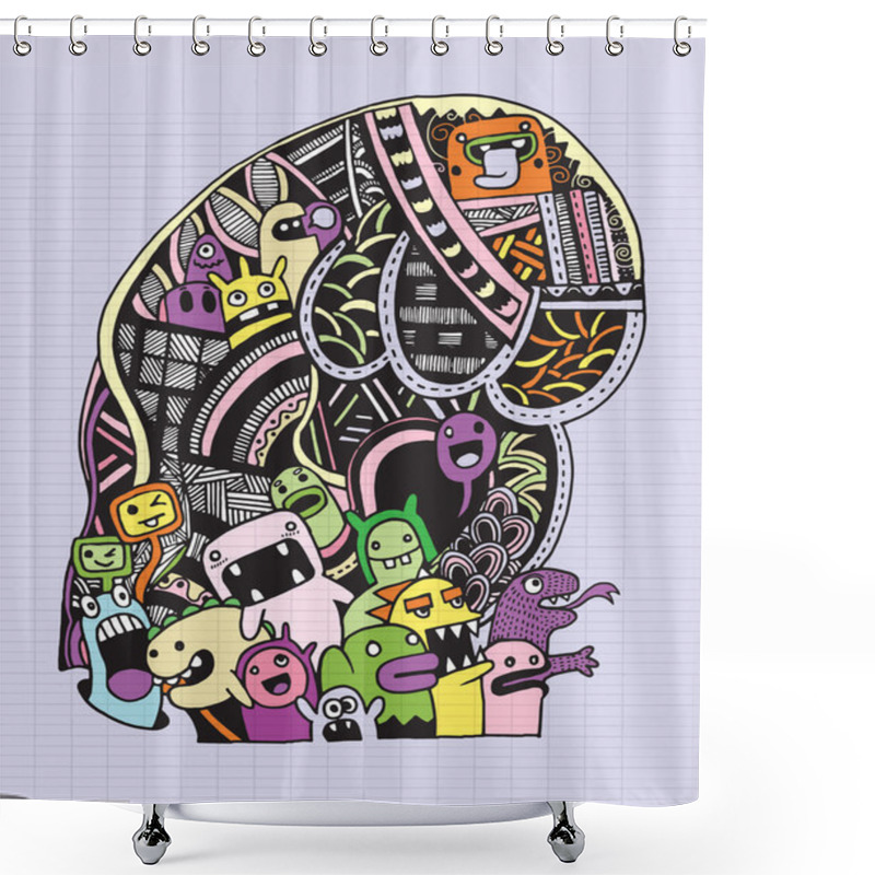 Personality  Hand Drawn Aliens And Monsters Cartoon Doodle Shower Curtains