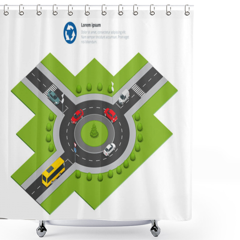 Personality  Roundabout, Cars, Roundabout Sign And Roundabout Road. Asphalted Road Circle. Vector Isometric Illustration For Infographics. City Traffic. Shower Curtains