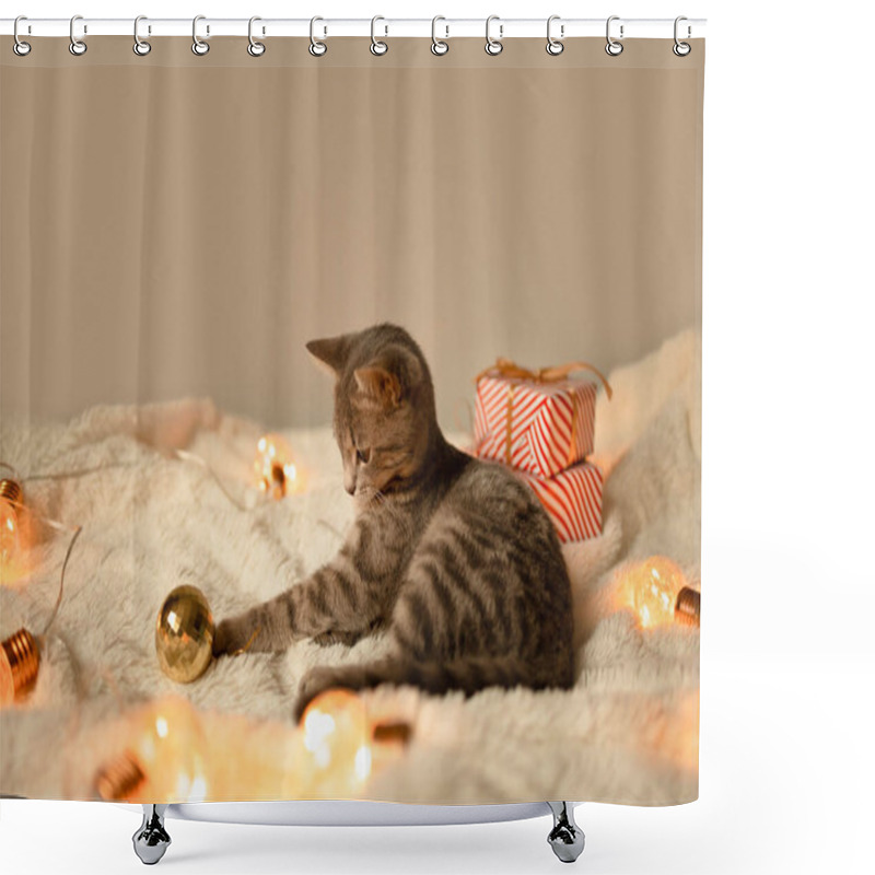 Personality  Adorable Cat Lying On Cozy Bed With Christmas Golden Lights Bokeh And Gift Boxes. Cute Kitten Relaxing And Playing With Gold Ball Toy. Fall Weekend Cozy Concept Shower Curtains