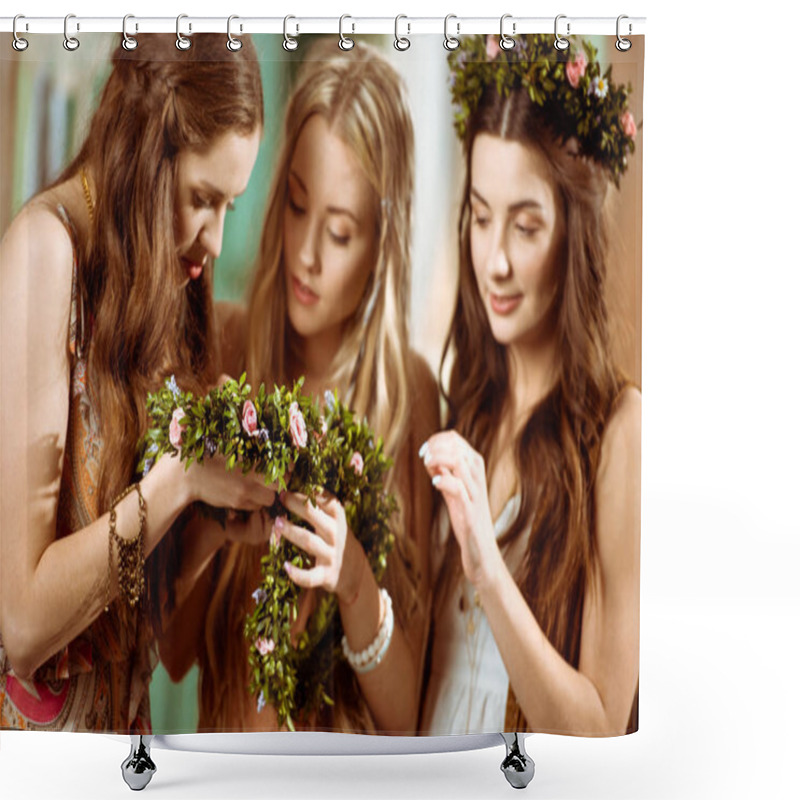 Personality  Bohemian Women Holding Floral Wreaths Shower Curtains