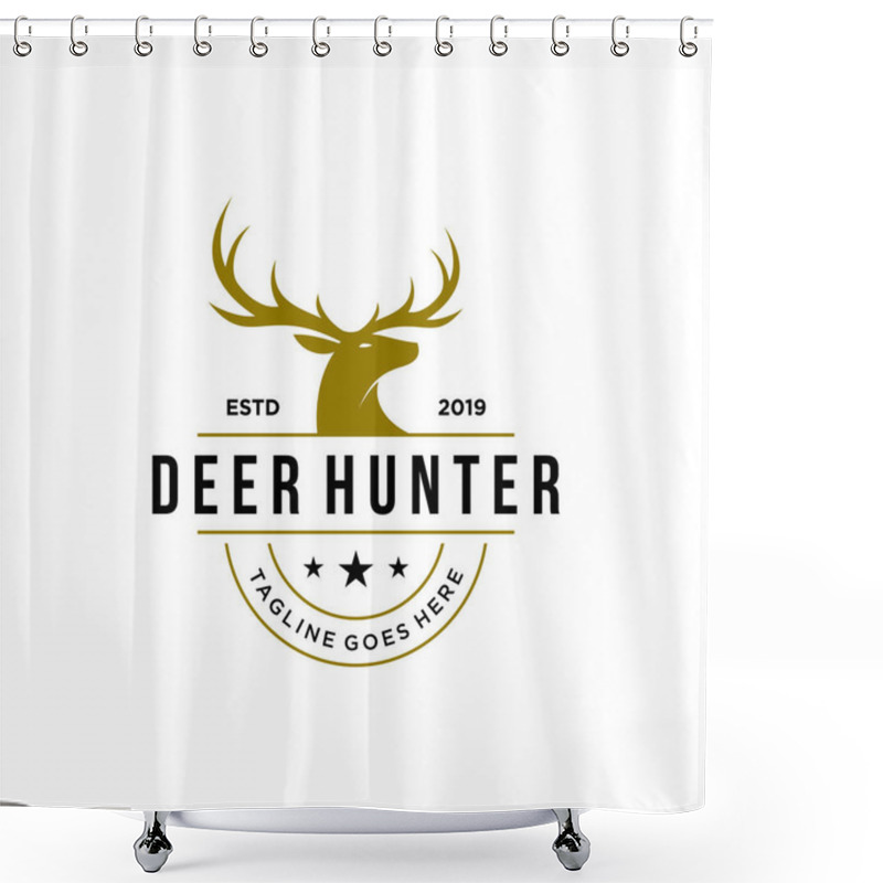 Personality  Deer Hunter Logo, Badge, Emblem, Label Design Template. Vector Illustration Of Deer Head Silhouette And Arrow. Hunter Club, Deer Hunting Symbol Icon  Shower Curtains