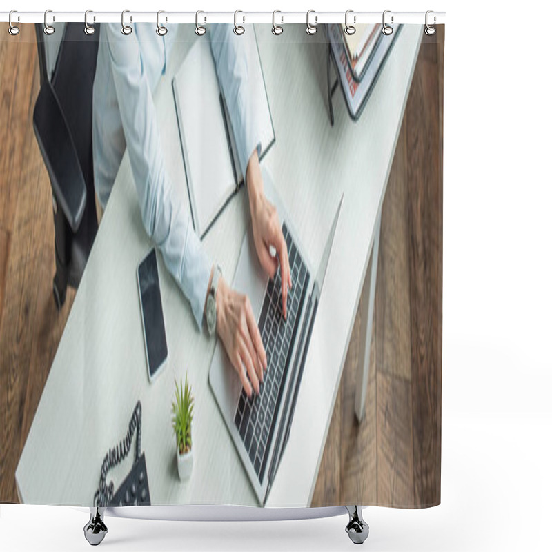 Personality  Cropped View Of Businesswoman Typing On Laptop, While Sitting At Workplace, Banner Shower Curtains