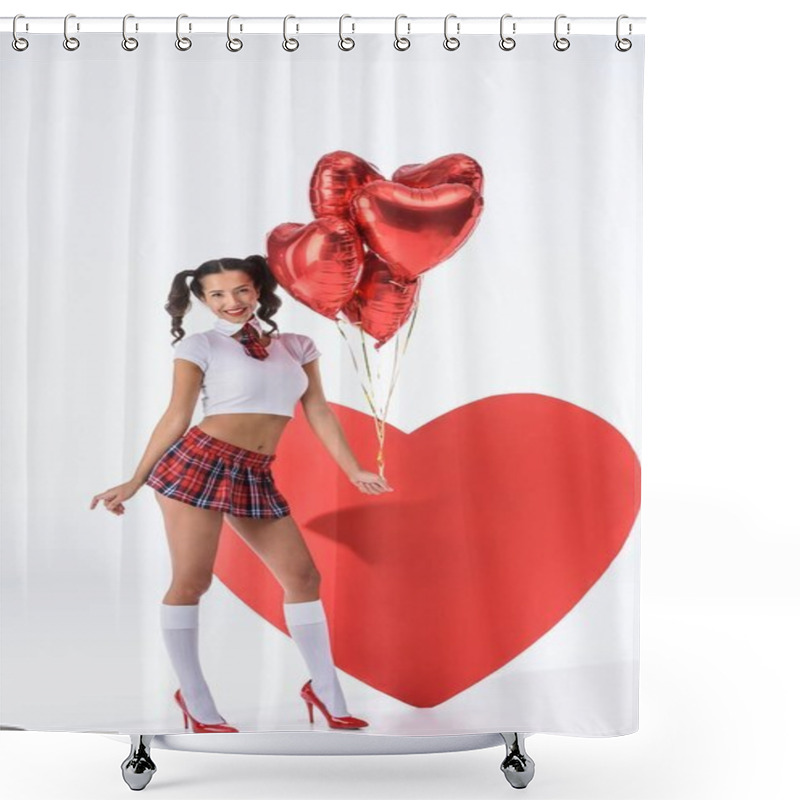 Personality  Young Sexy Schoolgirl With Helium Balloons In Shape Of Hearts In Front Of Big Red Heart On White Shower Curtains