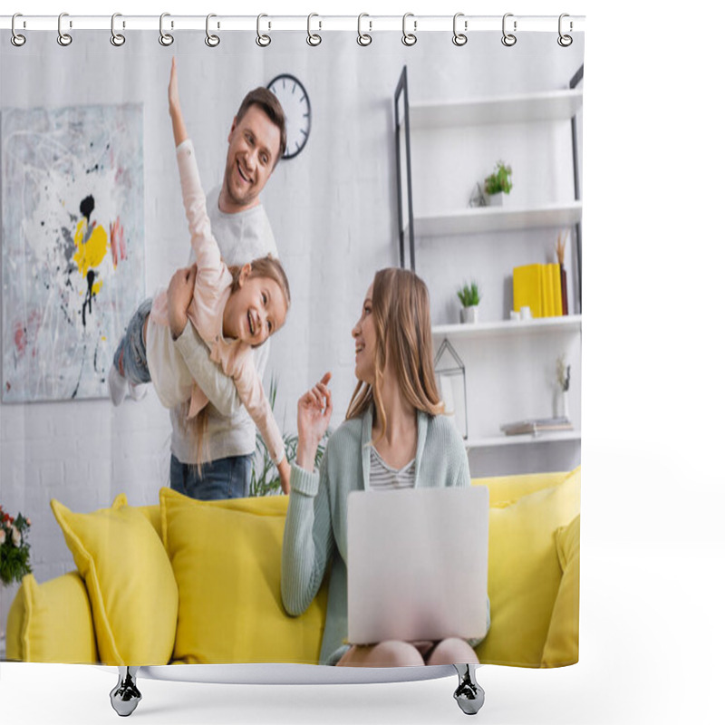 Personality  Smiling Mother With Laptop Looking At Family Having Fun At Home  Shower Curtains