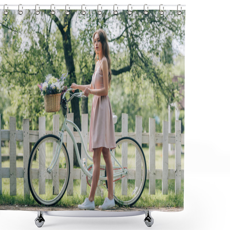 Personality  Side View Of Young Woman In Dress With Retro Bicycle With Wicker Basket Full Of Flowers At Countryside Shower Curtains