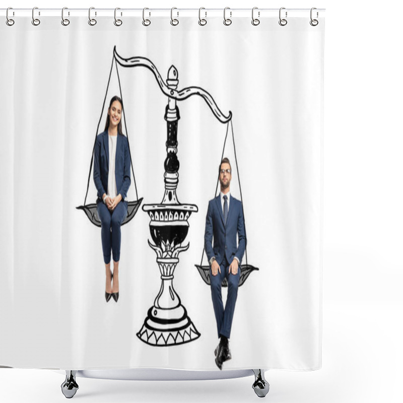 Personality  Businessman And Businesswoman Sitting On Balance Scales Isolated On White Shower Curtains