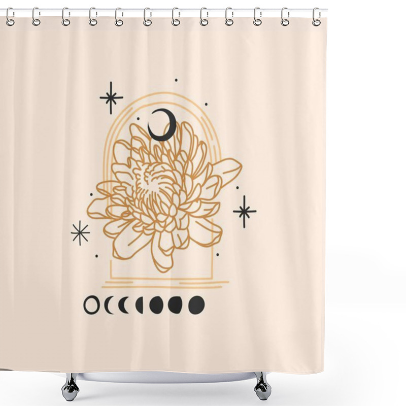 Personality  Hand Drawn Vector Abstract Stock Flat Graphic Illustration With Logo Elements, Magic Line Art Of Peony Flower,crescent,moon Phase And Stars In Simple Style For Branding ,isolated On Color Background Shower Curtains