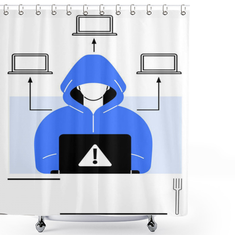 Personality  Hacker In Blue Hoodie Working On Laptop With Warning Sign, Linked To Multiple Computers. Ideal For Cybersecurity, Hacking, Data Breaches, Online Privacy, Cybercrime, Network Threats, Abstract Line Shower Curtains