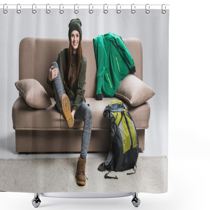 Personality  Beautiful Traveler Wearing Hiking Boots And Warm Clothing On Sofa Shower Curtains