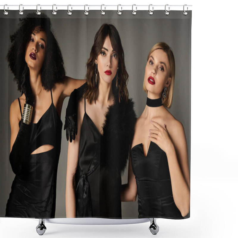 Personality  Three Young Women Of Different Cultures Pose Gracefully In Black Dresses Against A Neutral Backdrop. Shower Curtains