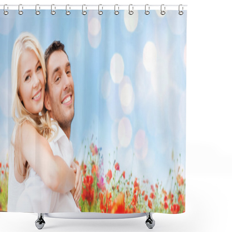 Personality  Happy Couple Having Fun Over Poppy Flowers Field Shower Curtains