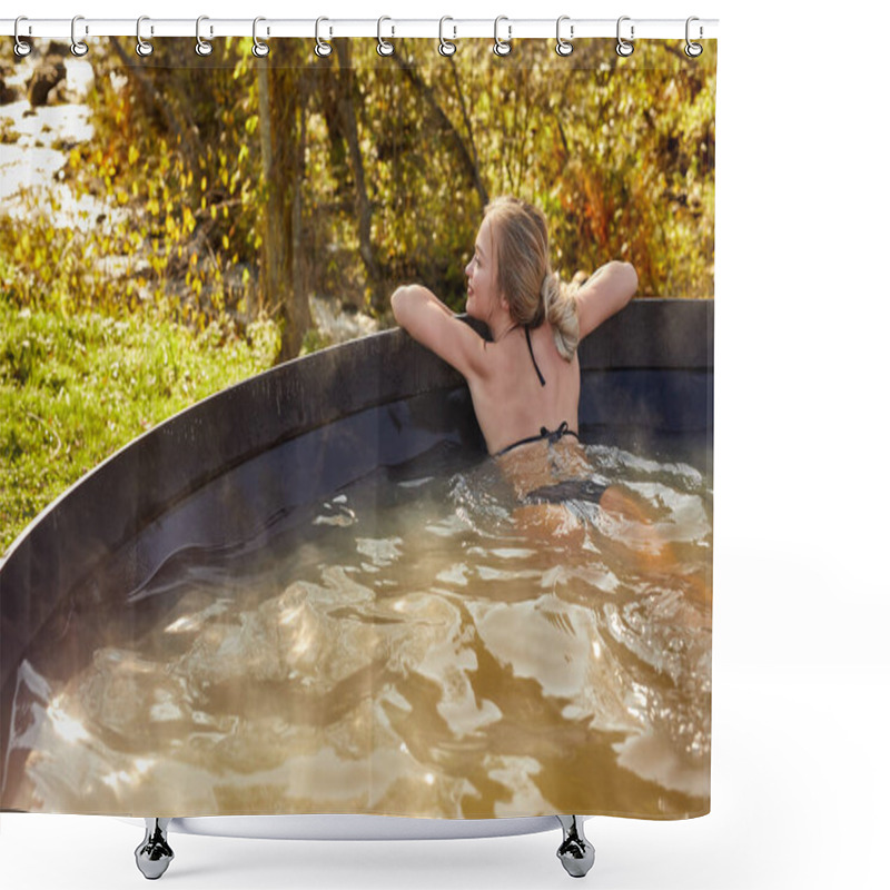 Personality  Rear View On Slender Woman In Swimwear Taking Bath Outdoors Shower Curtains