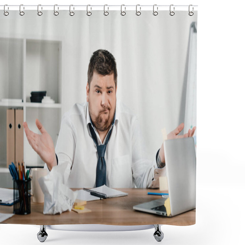 Personality  Confused Overweight Businessman Sitting At Workspace With Documents And Laptop  Shower Curtains