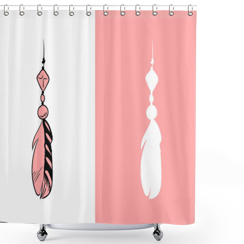 Personality  Set Of Design And Decor Elements. Detailed Bird Feather Close Up. Hand Drawn Ornate Ethnic Elements On A Pink Background. Vector Illustration Shower Curtains