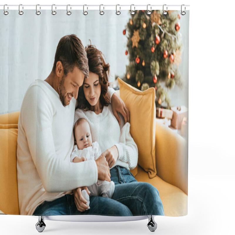 Personality  Happy Parents Holding Adorable Baby While Sitting On Yellow Sofa Shower Curtains