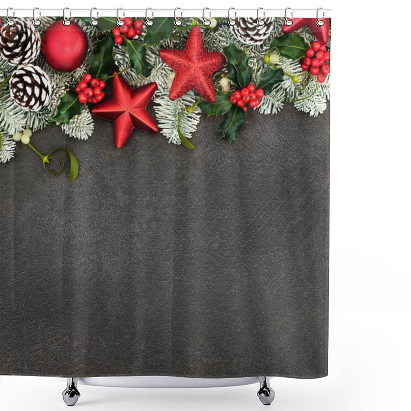 Personality  Festive Christmas Background Border With Red Star Bauble Decorations, Snow Covered Fir, Holly & Winter Flora. Composition For The Xmas & New Year Holiday Season. Shower Curtains