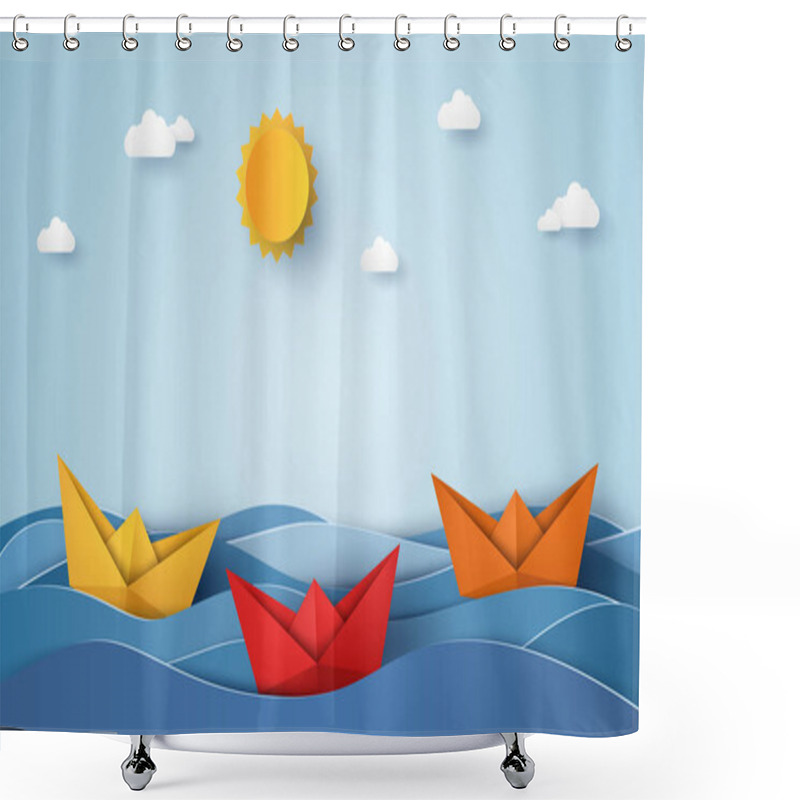 Personality  Origami Boat Sailing In Blue Ocean , Paper Art Style Shower Curtains