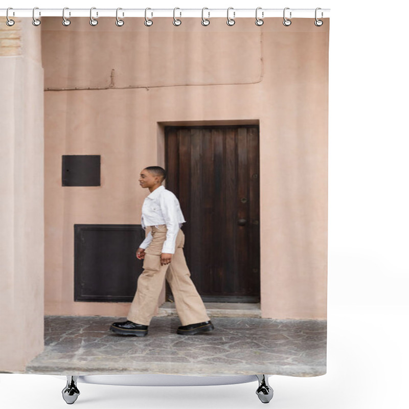 Personality  Side View Of Smiling African American Woman Walking Near Building On Street In Italy Shower Curtains