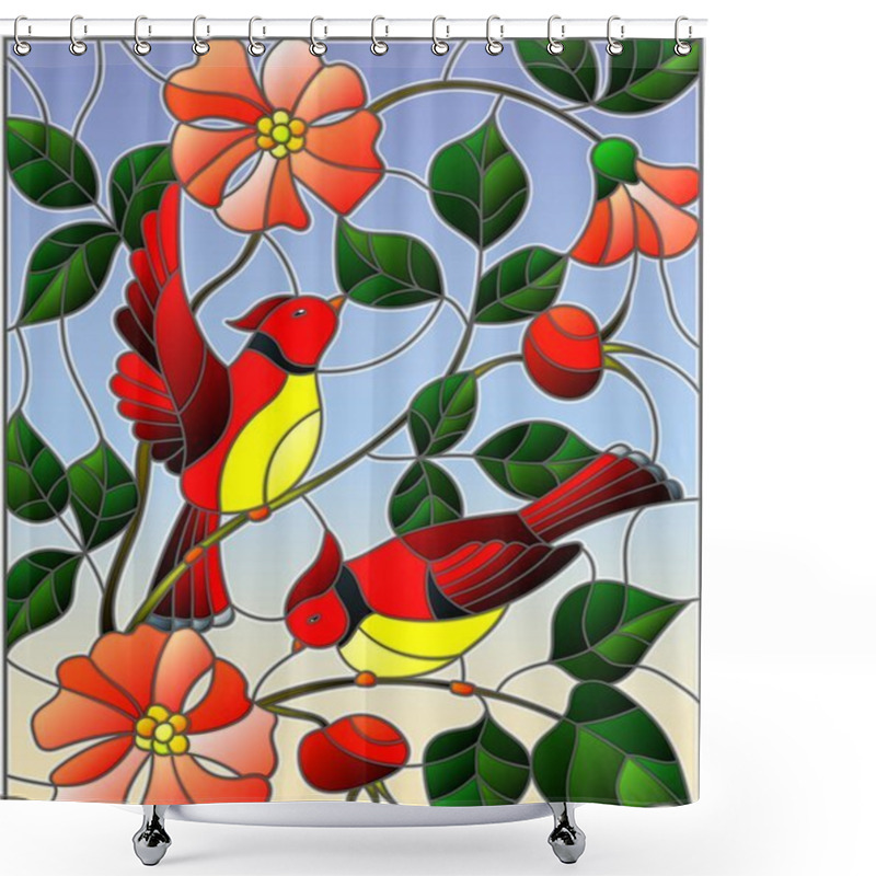 Personality  Illustration In Stained Glass Style With Two Red Birds On The Branches Of Blooming Wild Rose On A Background Sky Shower Curtains