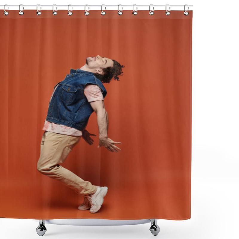 Personality  A Man Joyfully Poses With Arms Open Wide Against A Bright Orange Background. Shower Curtains