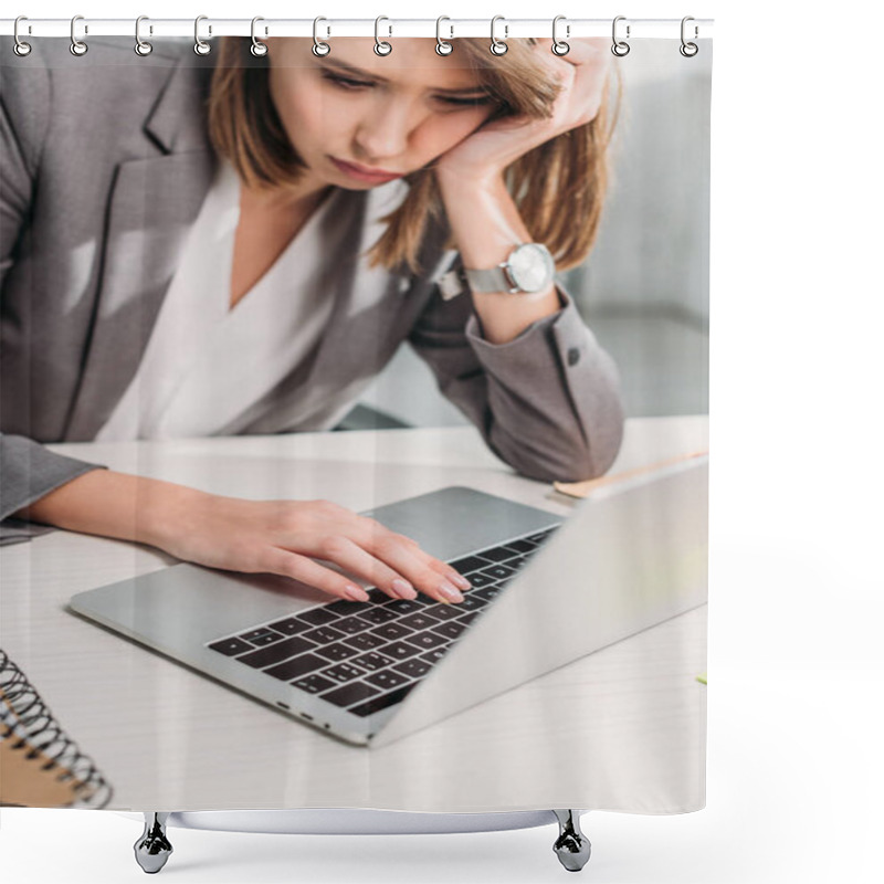 Personality  Exhausted Attractive Businesswoman Sitting Near Laptop In Office  Shower Curtains