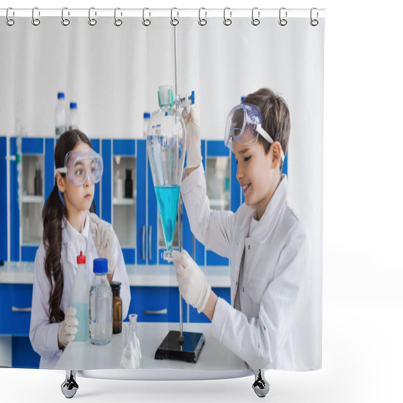 Personality  Smiling Boy Holding Flask With Liquid Near Serious Girl In Goggles  Shower Curtains