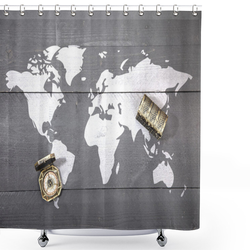 Personality  World Map With Compass And Treasure On Dark Black Wooden Background Shower Curtains