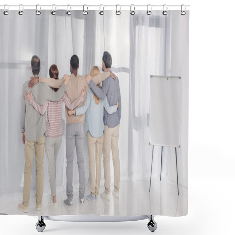 Personality  Back View Of Multiethnic People Standing And Embracing During Group Therapy  Shower Curtains