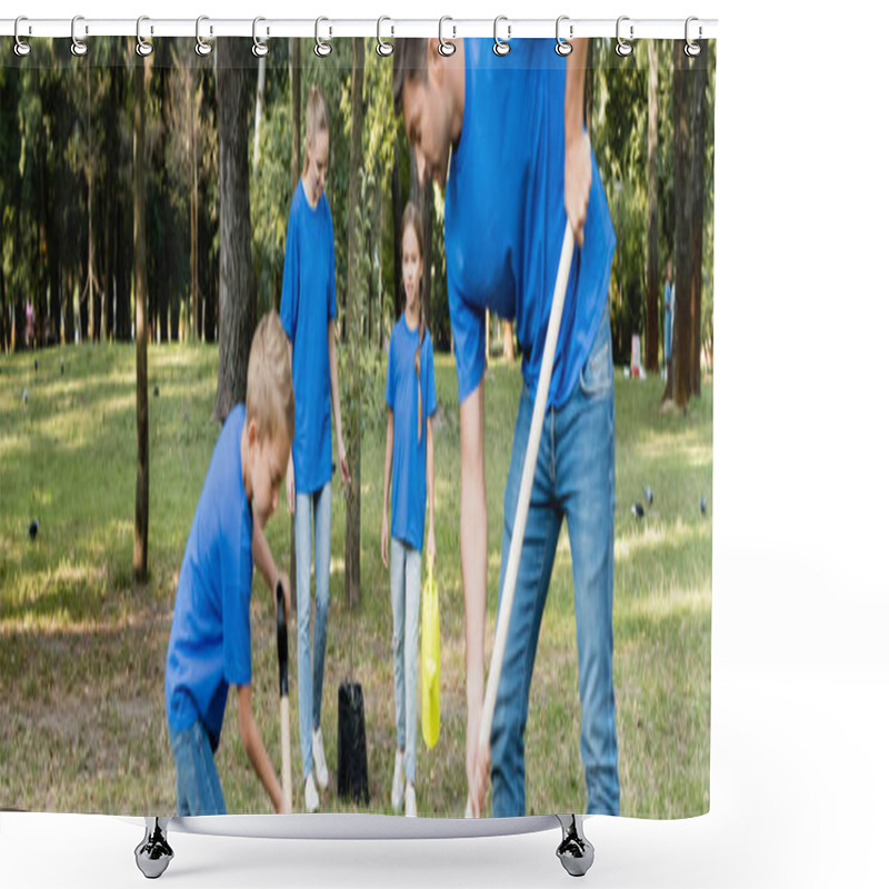 Personality  Mother And Daughter Carrying Young Tree And Watering Can Near Father And Son With Shovels On Blurred Foreground, Ecology Concept, Banner Shower Curtains