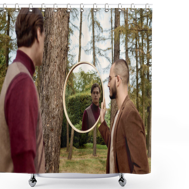 Personality  Two Dapper Men Enjoy The Crisp Autumn Air While Admiring Their Reflections In A Circular Mirror. Shower Curtains