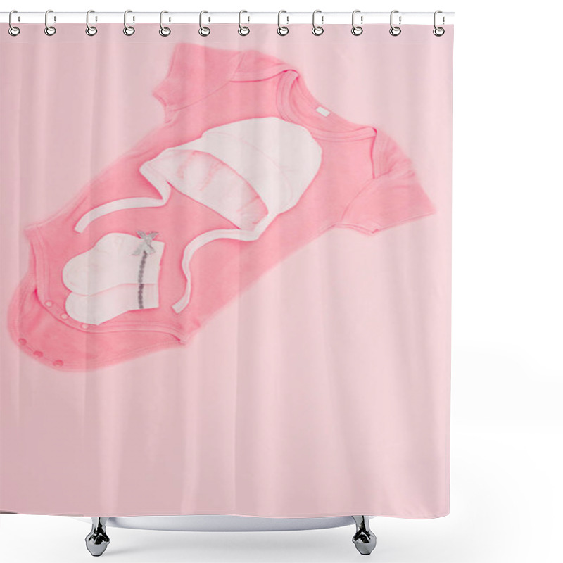 Personality  Top View Of Baby Bodysuit And Hat With Socks Isolated On Pink Shower Curtains