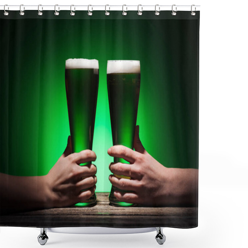 Personality  Cropped View Of Men Holding Glasses Of Irish Ale On Green Background Shower Curtains